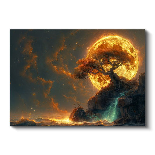 Altın Dolunay - Kayalıklarda Yükselen Kadim Ağaç Kanvas Tablo