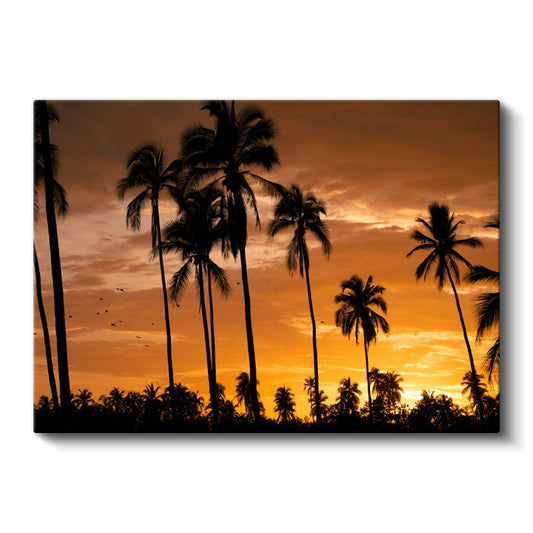 Tropikal Günbatımı - Palmiye Siluetleri ve Altın Gökyüzü Kanvas Tablo