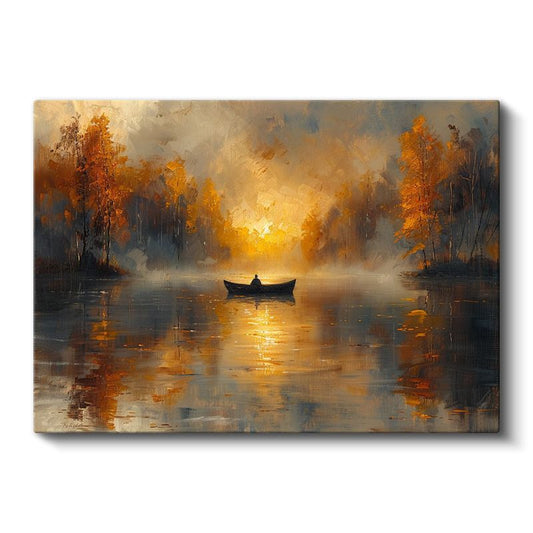 Sonbahar Gölü - Sisli Suda Yalnız Kayık ve Altın Orman Kanvas Tablo