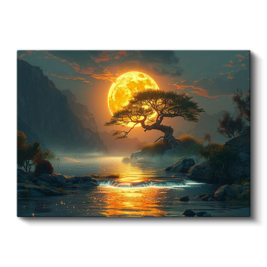 Mistik Dolunay - Altın Işıkta Huzur Veren Göl Manzarası Kanvas Tablo