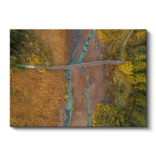Sonbahar Köprüsü - Turkuaz Nehir Üzerinde Havadan Görünüm Kanvas Tablo