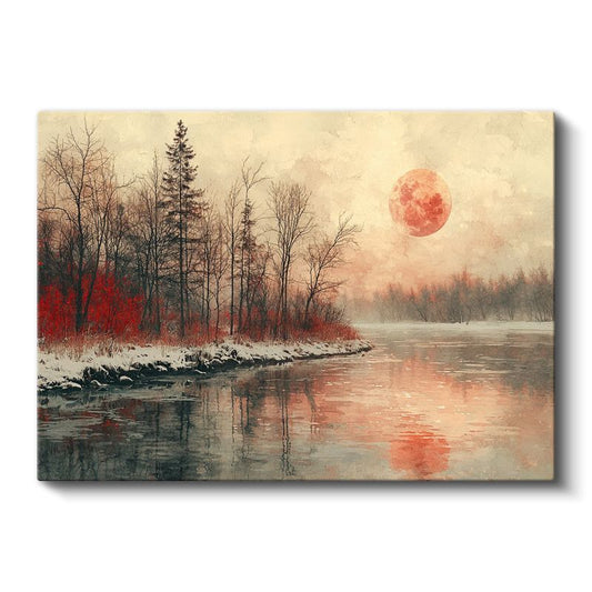 Kızıl Ay - Kış Gölü Üzerinde Huzur Veren Gün Batımı Kanvas Tablo