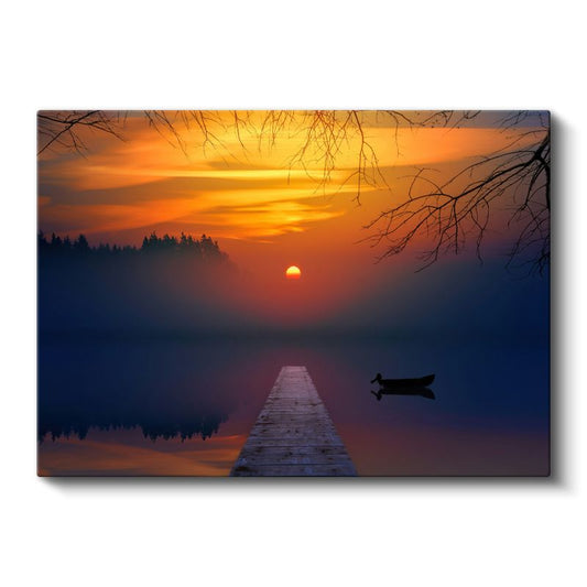 Göl İskelesi - Alev Renkli Gün Batımında Huzur Veren Manzara Kanvas Tablo