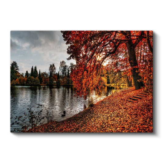 Sonbahar Gölü - Kızıl Yapraklarla Çevrili Huzur Dolu Manzara Kanvas Tablo