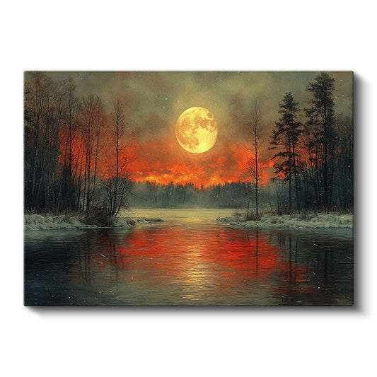 Dolunay Gecesi - Kızıl Gökyüzü Altında Buzlu Göl Manzarası Kanvas Tablo