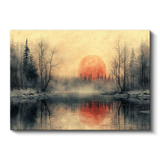 Kızıl Güneş - Sisli Kış Ormanı ve Göl Yansıması Kanvas Tablo