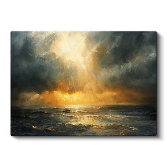 Altın Işınlar - Fırtınalı Deniz Üzerinde Güneş Huzmesi Kanvas Tablo
