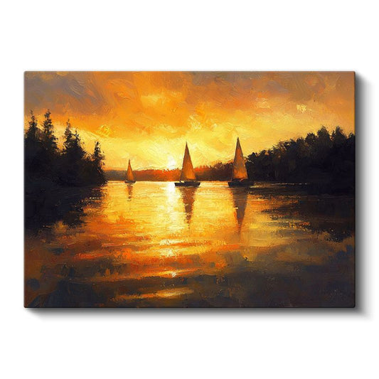 Altın Gün Batımı - Göl Üzerinde Yelkenliler Kanvas Tablo