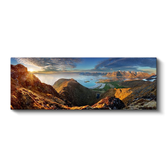 Güneşin İlk Işıkları - Altına Bürünen Dağlar ve Göl Manzarası Kanvas Tablo