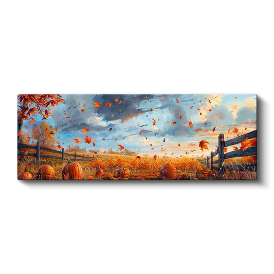 Sonbahar Rüzgarı - Uçuşan Yapraklar ve Balkabakları Kanvas Tablo