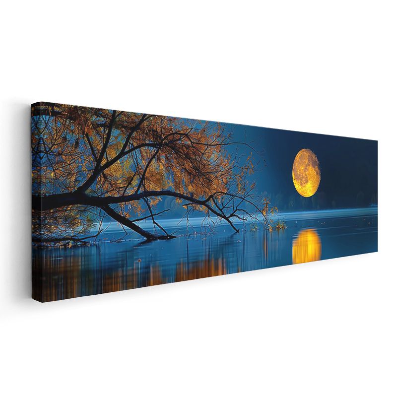 Dolunay - Göl Üzerinde Altın Yansımalar Kanvas Tablo