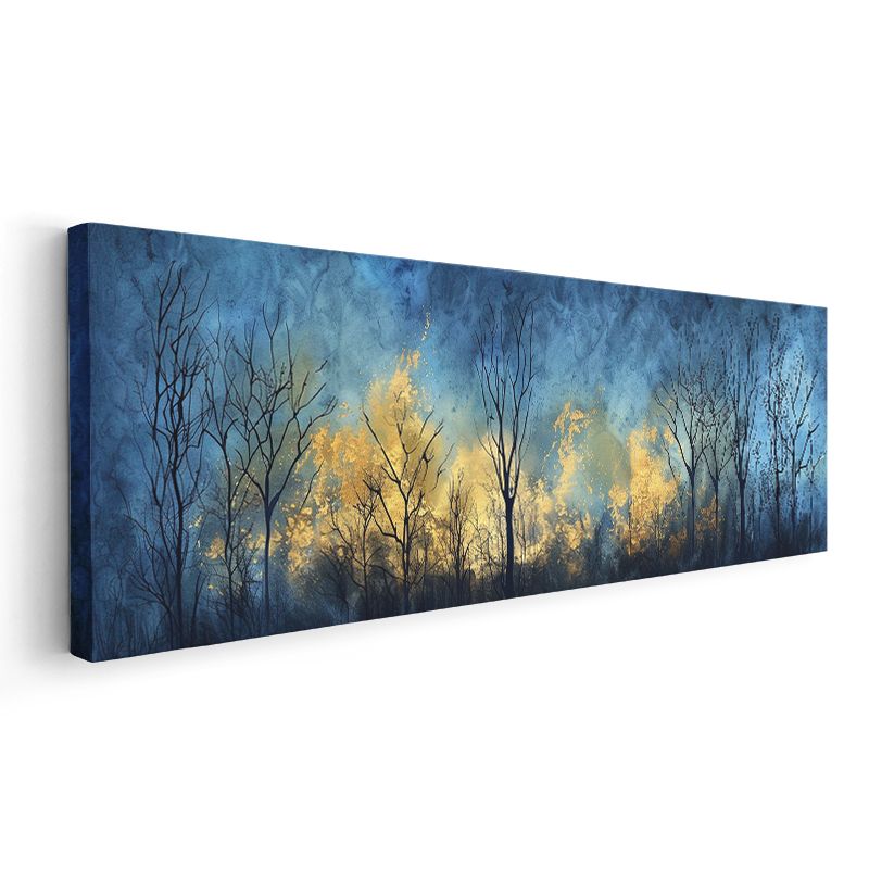 Kış Ağaçları - Mavi ve Altın Tonlarında Orman Silüeti Kanvas Tablo