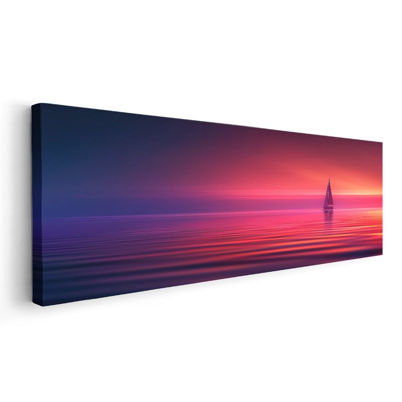 Mor Ufuklar - Gün Batımında Yalnız Yelkenli Kanvas Tablo
