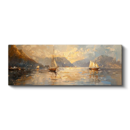 Yelkenli Tekneler - Altın Saatlerde Dağlar Arasında Huzurlu Yolculuk Kanvas Tablo