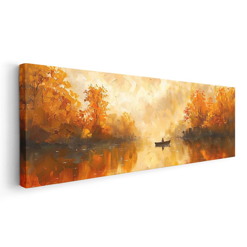 Sonbahar Gölü - Turuncu Yapraklar Arasında Yalnız Kayık Kanvas Tablo