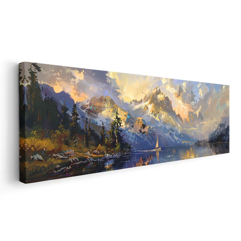 Dağ Gölü - Güneş Işığında Yelkenli Kanvas Tablo