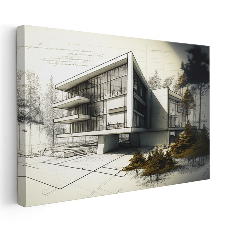 Mimar - Şık Ofis Binası Çizimi Kanvas Tablo