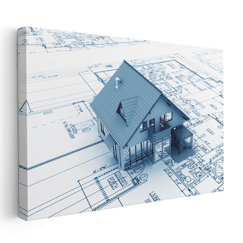 Mimar - Mavi Ev Proje Çizimi Kanvas Tablo