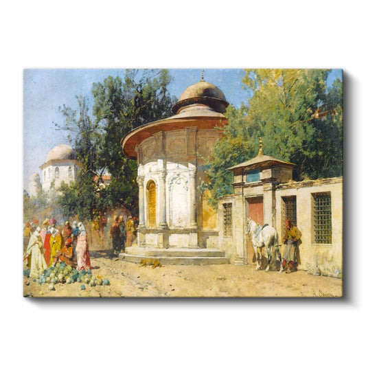 Osmanlı Mimarisi - Tarihi Çeşme ve Cami Manzarası Kanvas Tablo