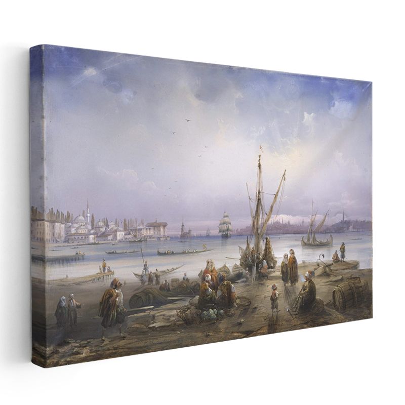 İstanbul Kıyıları - Balıkçılar ve Deniz Manzarası Kanvas Tablo