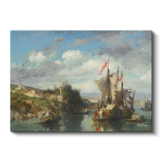 Fausto Zonaro - Osmanlı Kıyılarında Tekneler Kanvas Tablo