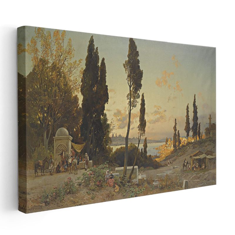 Boğaz Manzarası - Servi Ağaçları ve Çeşme Kanvas Tablo