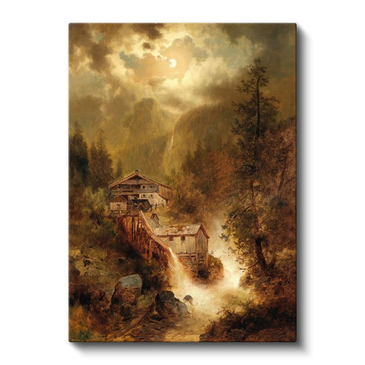 Albert Bierstadt - Dağ Evleri ve Şelale Kanvas Tablo