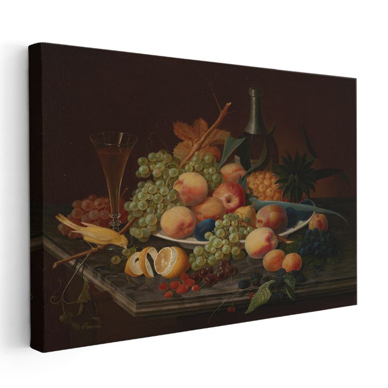 Johann Wilhelm Preyer - Şeftali ve Üzüm Natürmortu Kanvas Tablo