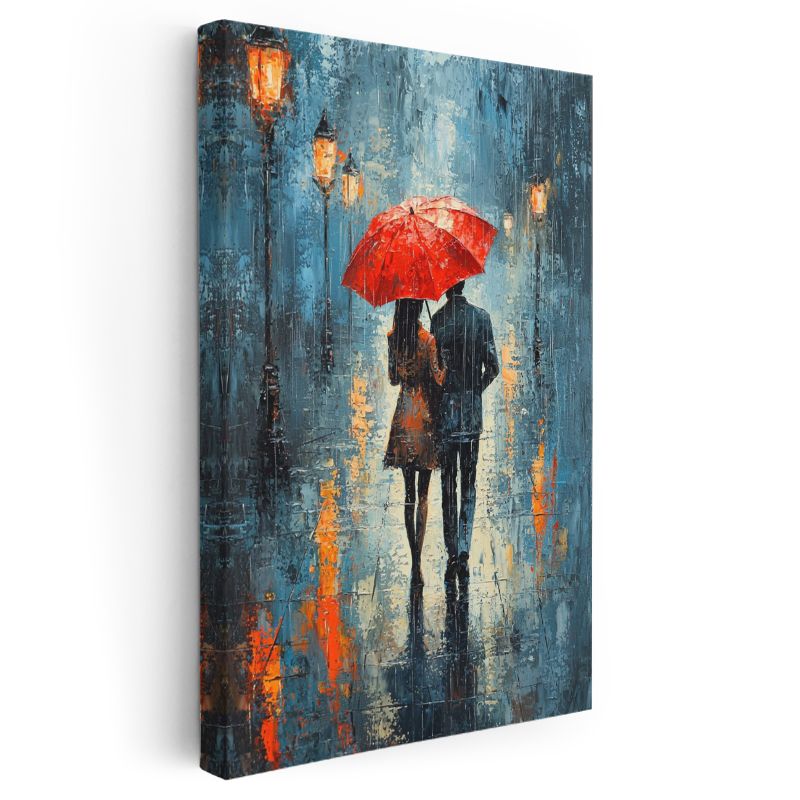 Kırmızı Şemsiye - Romantik Yağmurlu Gece Buluşması Kanvas Tablo
