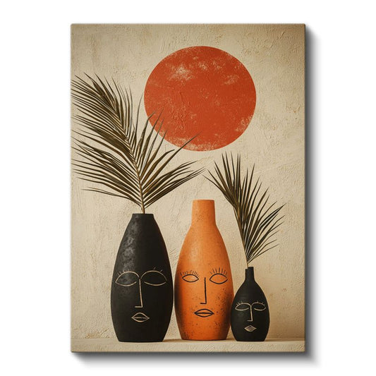 Güneş Ritüeli - Etnik Vazolar ve Palmiye Yaprakları Kanvas Tablo