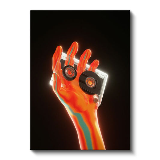 Dijital Nostalji - Neon Renkli El ve Kaset Vektörel Kanvas Tablo