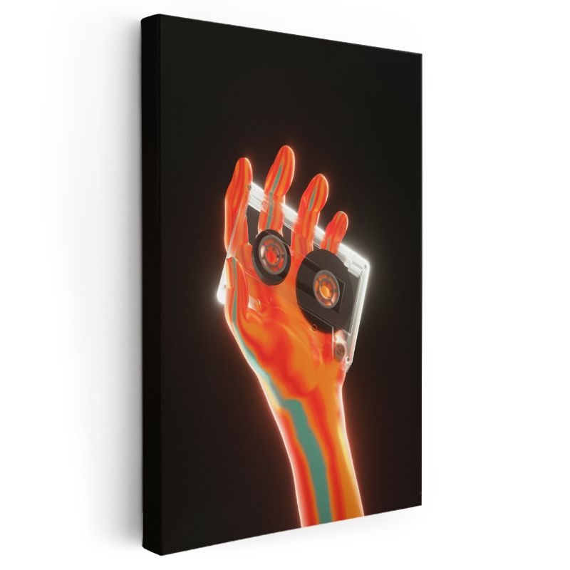 Dijital Nostalji - Neon Renkli El ve Kaset Vektörel Kanvas Tablo