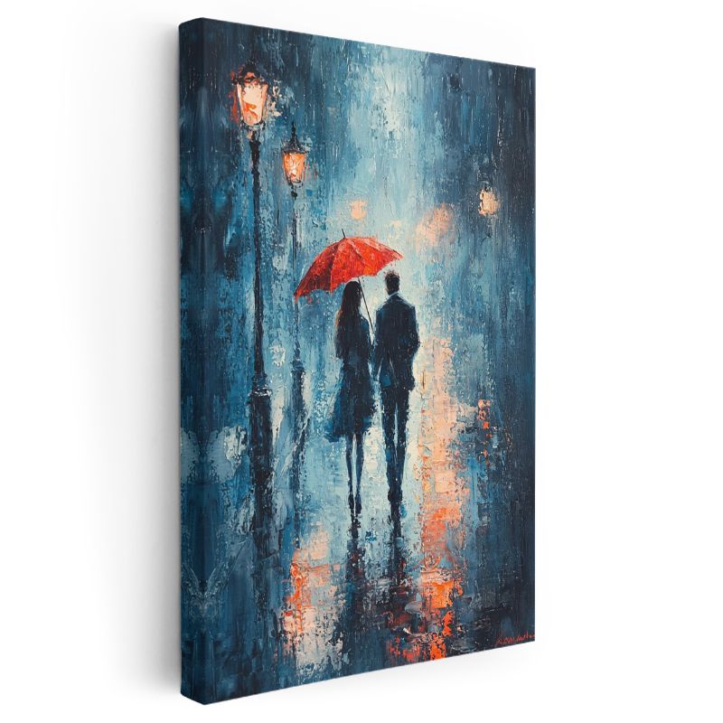 Kırmızı Şemsiye - Romantik Yağmurlu Gece Kanvas Tablo