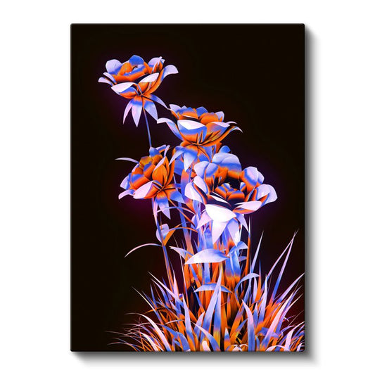 Neon Çiçekler - Turuncu Mavi Kontrast Dijital Sanat Kanvas Tablo