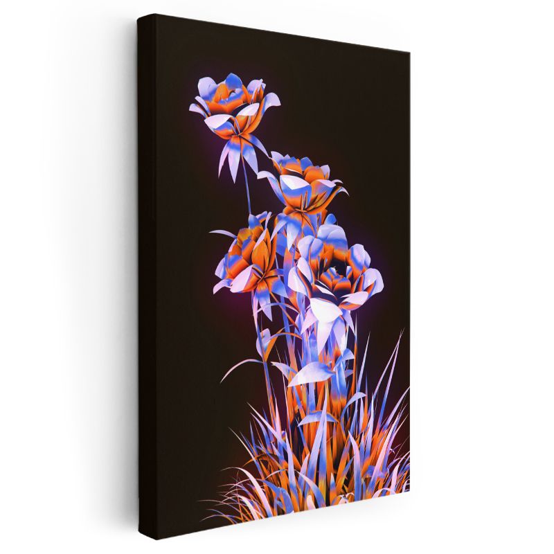 Neon Çiçekler - Turuncu Mavi Kontrast Dijital Sanat Kanvas Tablo