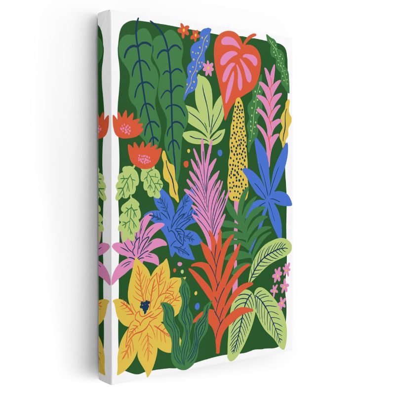 Tropikal Kolaj - Renkli Stilize Yapraklar ve Bitkiler Kanvas Tablo