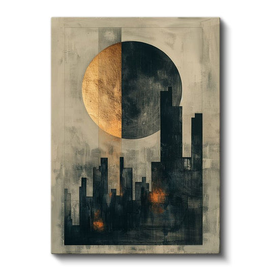 Kentsel Dualite - Altın Ay ve Gökdelenler Soyut Kanvas Tablo