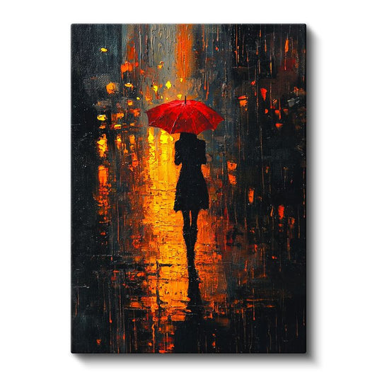 Kırmızı Şemsiye - Gece Işıklarında Yalnız Silüet Kanvas Tablo