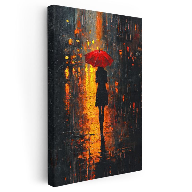 Kırmızı Şemsiye - Gece Işıklarında Yalnız Silüet Kanvas Tablo