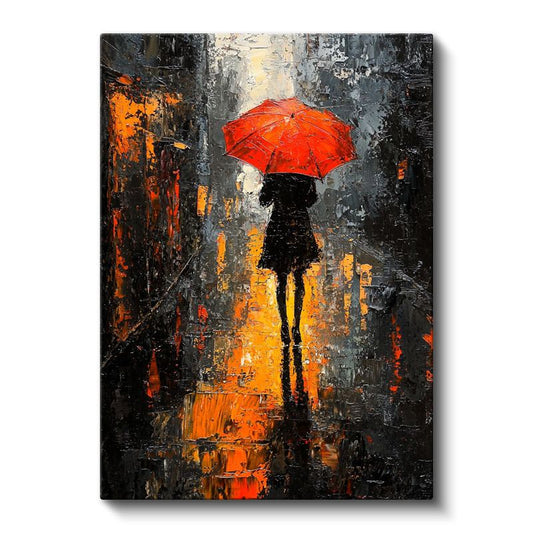Kırmızı Şemsiye - Yağmurlu Sokak Silueti Kanvas Tablo