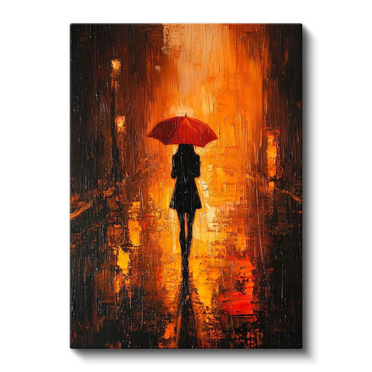 Turuncu Yalnızlık - Kırmızı Şemsiyeli Silüet Kanvas Tablo