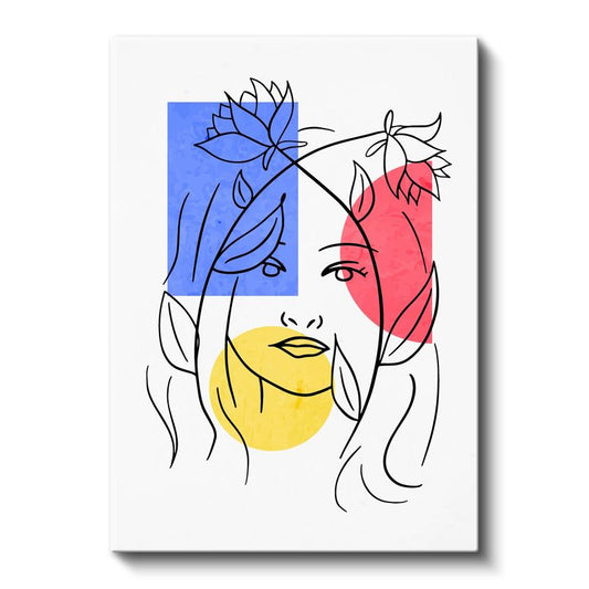Renkli Geometri - Çiçeklerle Süslenmiş Minimalist Kadın Portresi Kanvas Tablo
