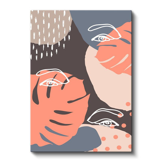 Üçlü Bakış - Mercan ve Gri Tonlarda Soyut Yüzler Kanvas Tablo