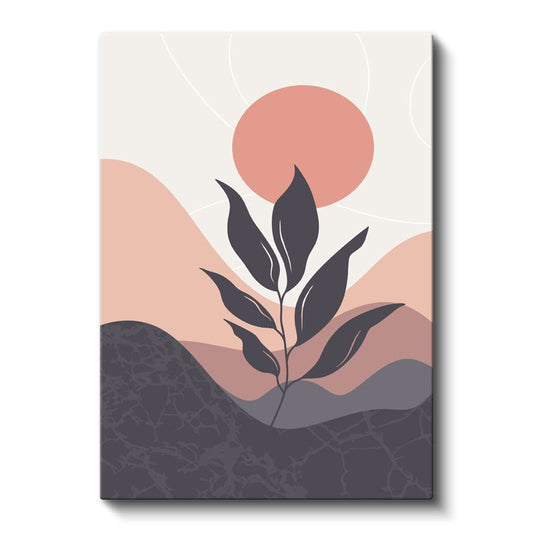 Yaprak Silüeti - Pembe Güneşle Soyut Doğa Kompozisyonu Kanvas Tablo