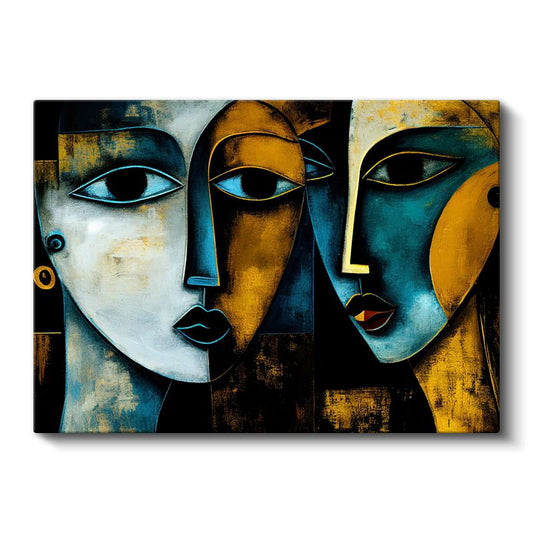 Üçlü Yüzler - Mavi ve Altın Tonlarda Stilize Portreler Kanvas Tablo