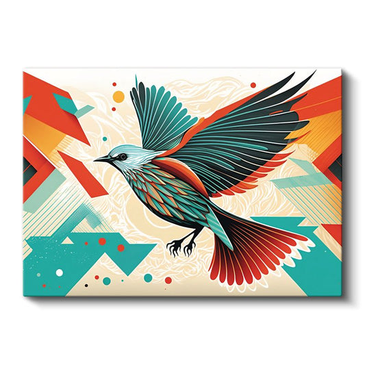 Renkli Kuş - Geometrik Desenli Uçuş Kompozisyonu Kanvas Tablo