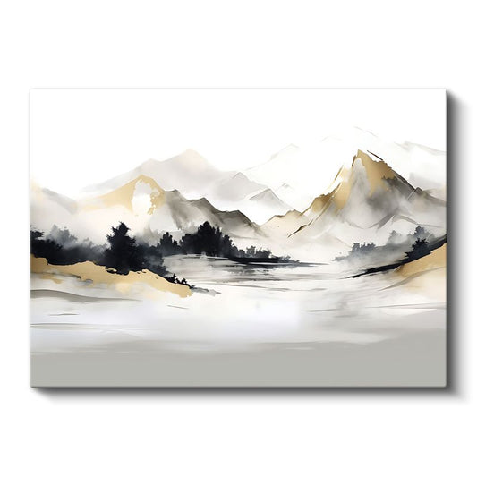 Minimalist Dağlar - Siyah Beyaz Altın Siluet Kanvas Tablo