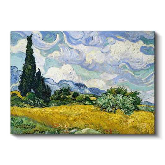 Dalgalı Gökyüzü - Sarı Tarla Yeşil Servi Kanvas Tablo