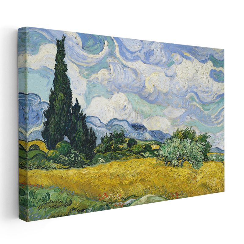 Dalgalı Gökyüzü - Sarı Tarla Yeşil Servi Kanvas Tablo