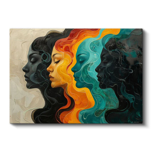 Renkli Silüetler - Çoklu Yüz Profilleri Kanvas Tablo